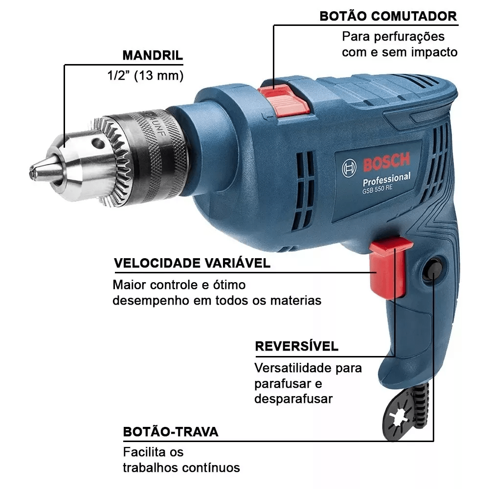 Furadeira De Impacto 550W - 13MM- BOSCH GSB 550 RE - Faísca Comércio De ...