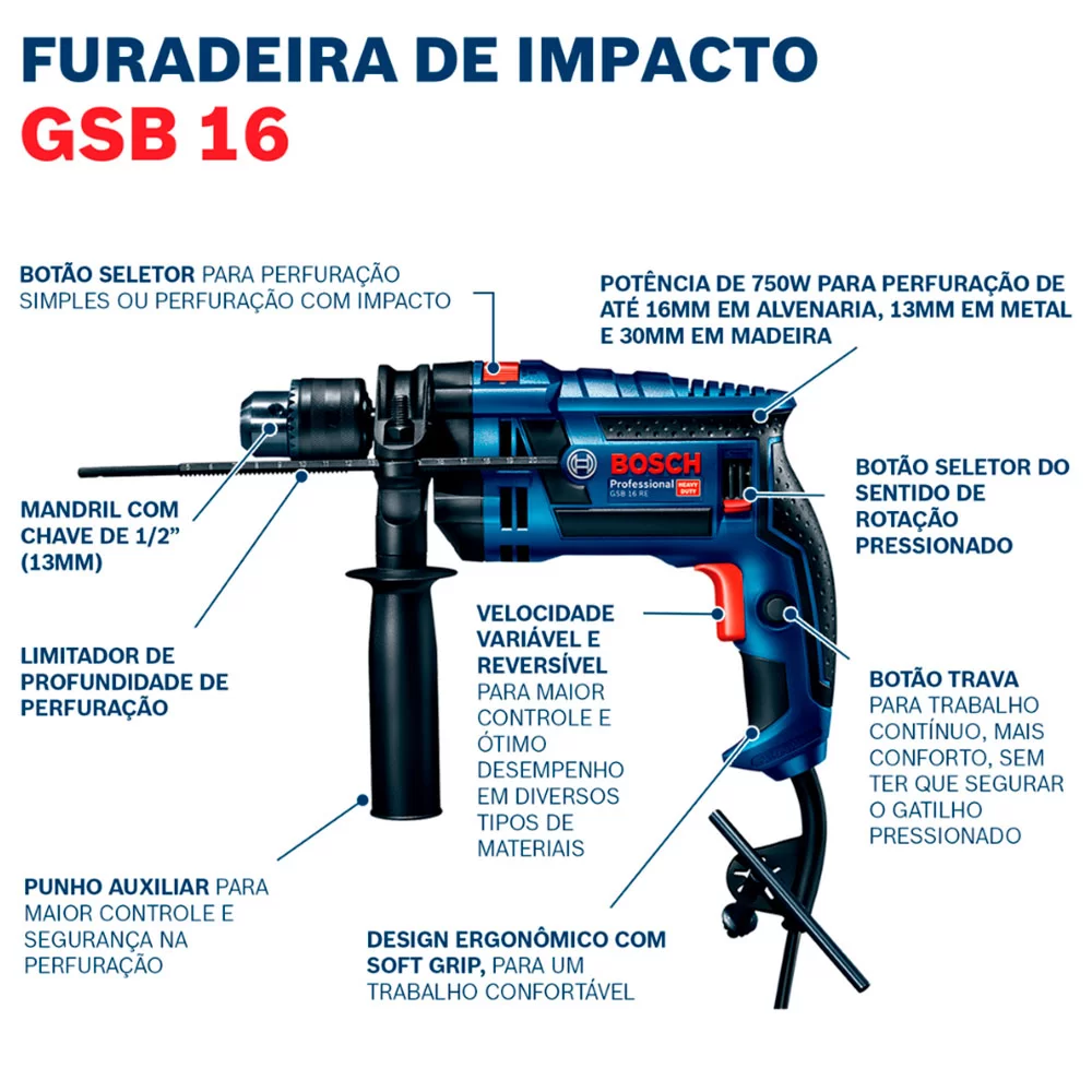 FURADEIRA DE IMPACTO 750W - 13MM- BOSCH GSB 16RE